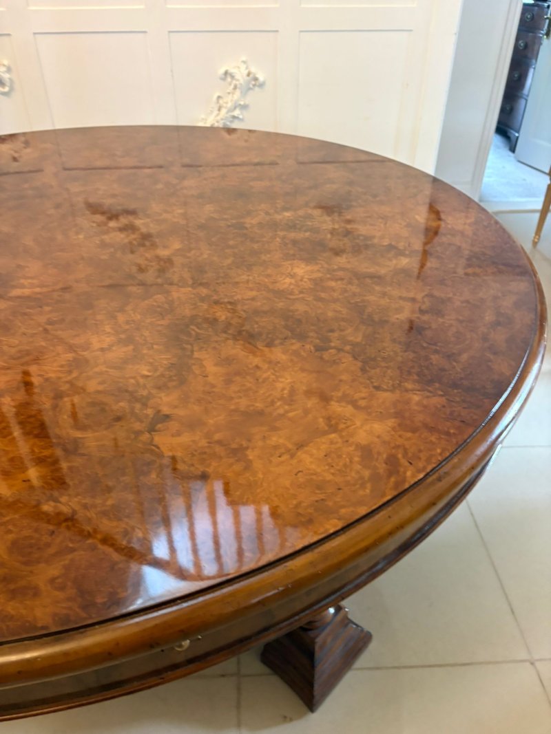 Antique Exceptional Quality Burr Walnut Circular Extending Dining Table Seating 10 with Radial Leaves & Matching Burr Walnut Leaf Holder - Image 5